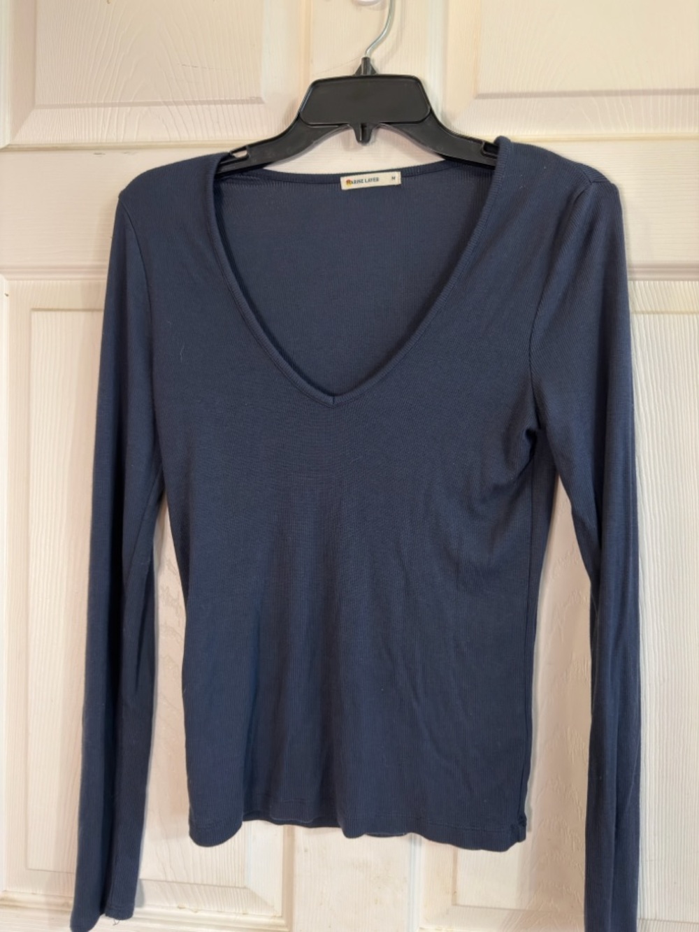 Marine Layer Womens Ribbed Long-Sleeves Navy Blue Versatile V-neck Top Sz M EUC